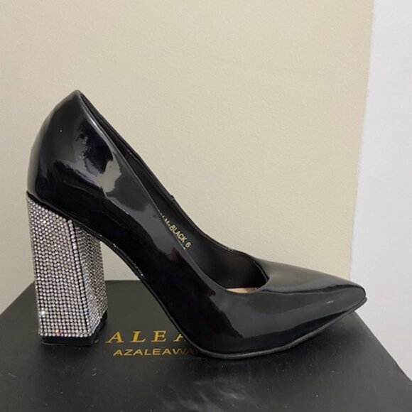 Azalea Wang Shoes - Women Black Patent Chunky Heel Rhinestone Pumps Size 6